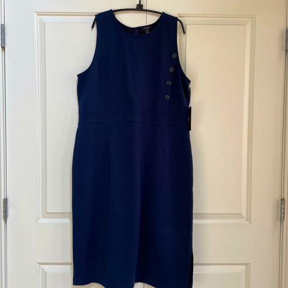 NWT Halogen Blue Sleeveless Button Detail Zip Back Side Slit Dress Office Work - Picture 1 of 13
